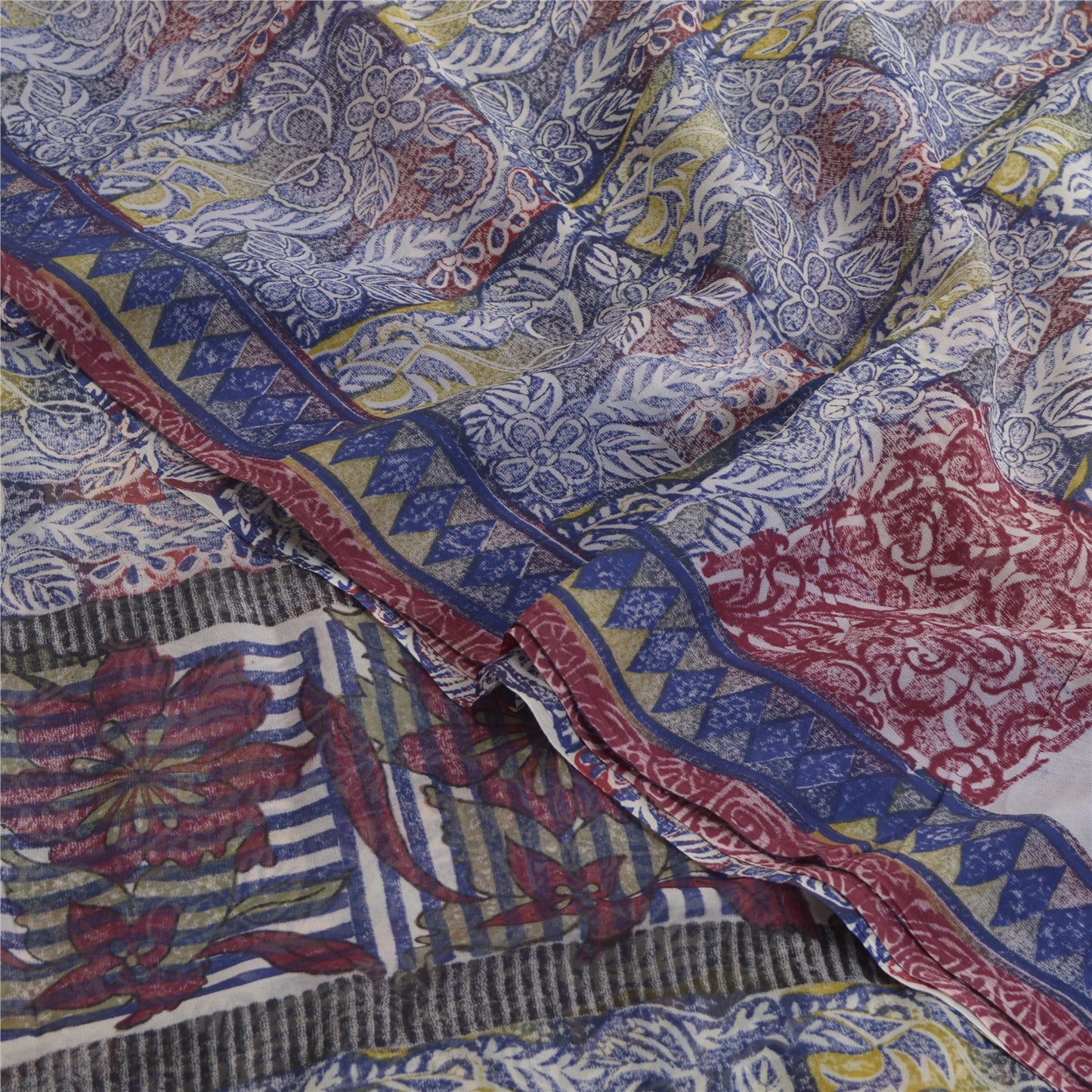 Sanskriti Vintage Blue Sarees Block Print Pure Georgette Silk Sari Craft Fabric