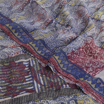 Sanskriti Vintage Blue Sarees Block Print Pure Georgette Silk Sari Craft Fabric