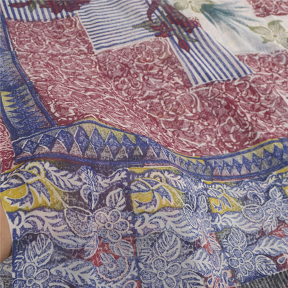 Sanskriti Vintage Blue Sarees Block Print Pure Georgette Silk Sari Craft Fabric