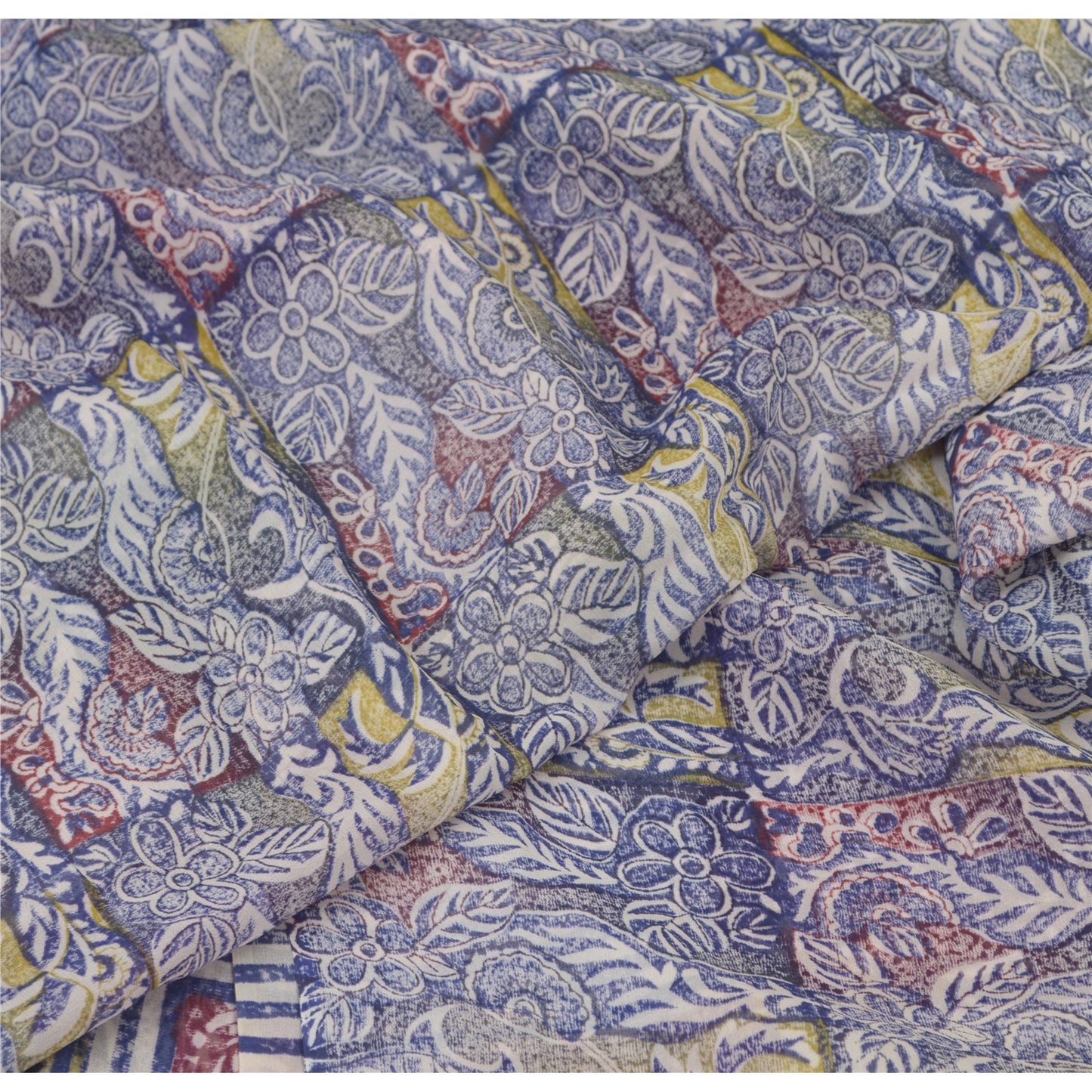 Sanskriti Vintage Blue Sarees Block Print Pure Georgette Silk Sari Craft Fabric