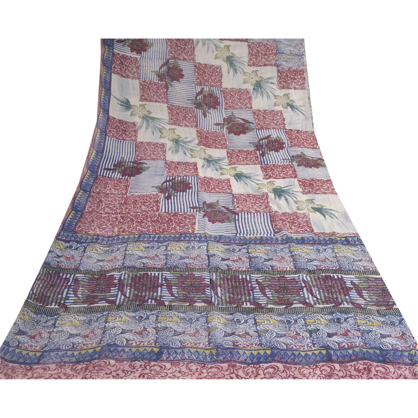 Sanskriti Vintage Blue Sarees Block Print Pure Georgette Silk Sari Craft Fabric