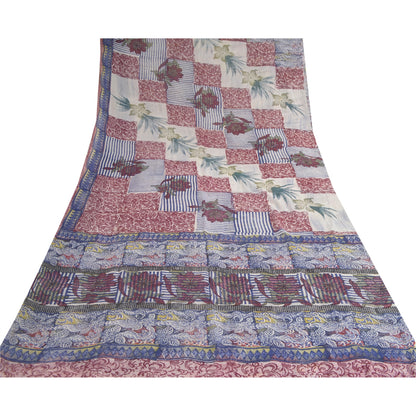 Sanskriti Vintage Blue Sarees Block Print Pure Georgette Silk Sari Craft Fabric
