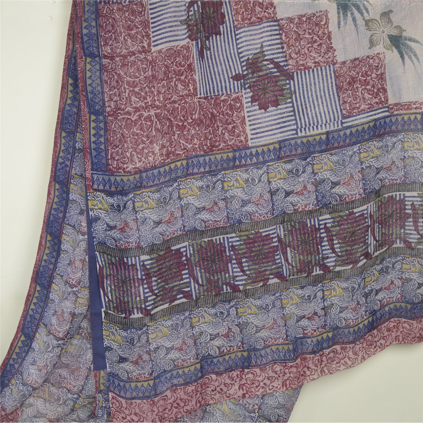 Sanskriti Vintage Blue Sarees Block Print Pure Georgette Silk Sari Craft Fabric