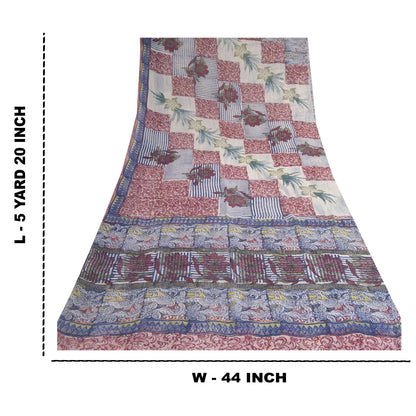 Sanskriti Vintage Blue Sarees Block Print Pure Georgette Silk Sari Craft Fabric