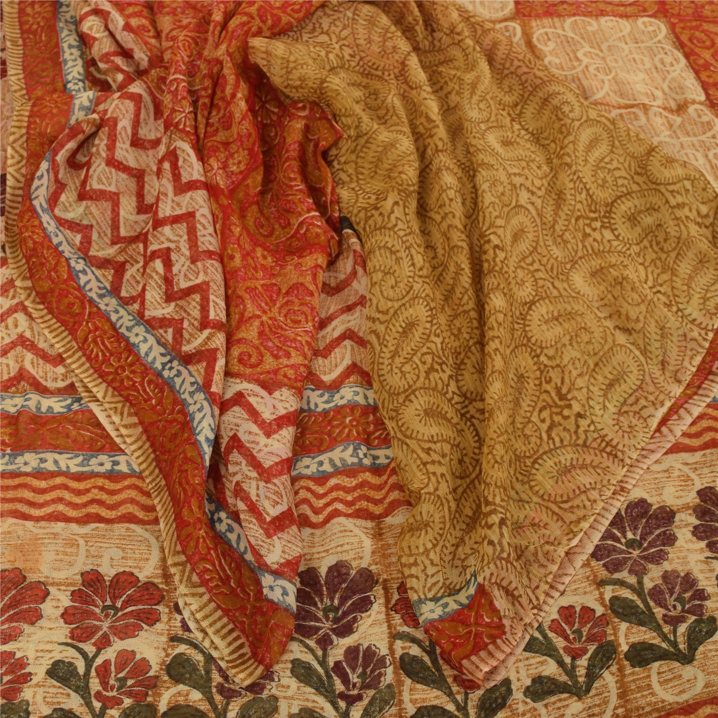 Sanskriti Vintage Multi Sarees Pure Georgette Silk Printed Sari 5yd Craft Fabric