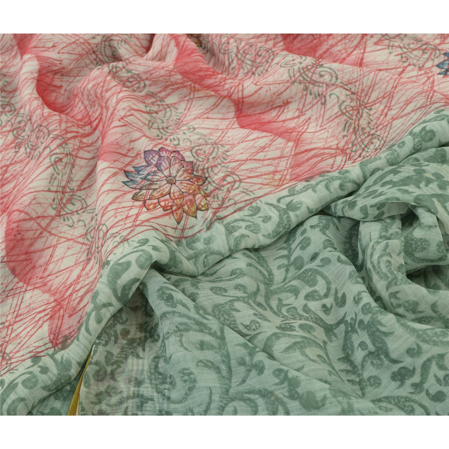 Sanskriti Vintage Saree Georgette Multicolor Indian Floral Paisley Printed 5.5+ Yard Sari Craft Fabric Upcycling, Recycling, Dress Making