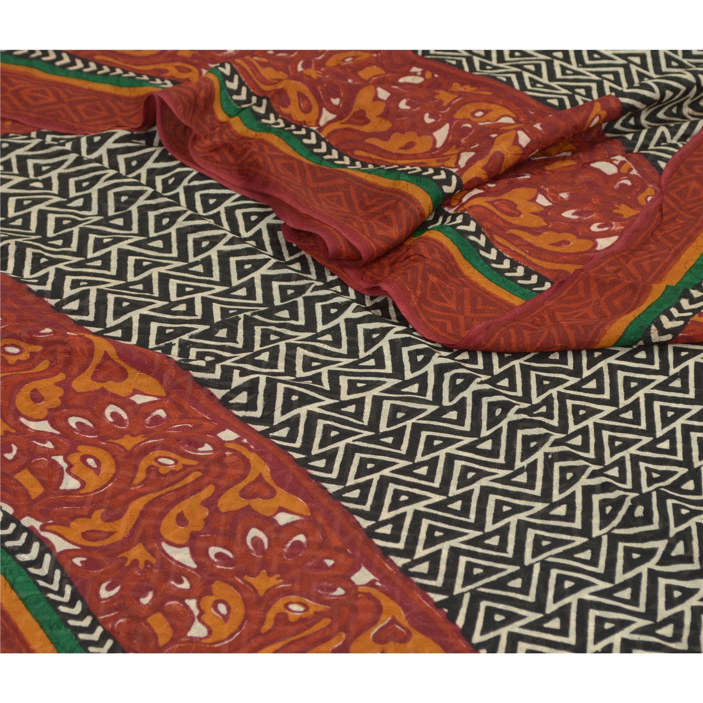 Sanskriti Vintage Black Indian Sari Printed Pure Georgette Sarees Craft Fabric