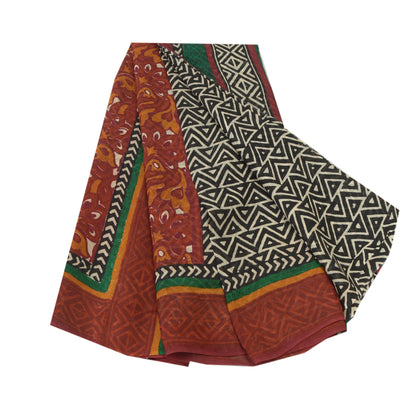 Sanskriti Vintage Black Indian Sari Printed Pure Georgette Sarees Craft Fabric