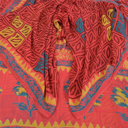Sanskriti Vintage Pure Georgette Silk Sarees Red Printed Sari 5Yd Craft Fabric