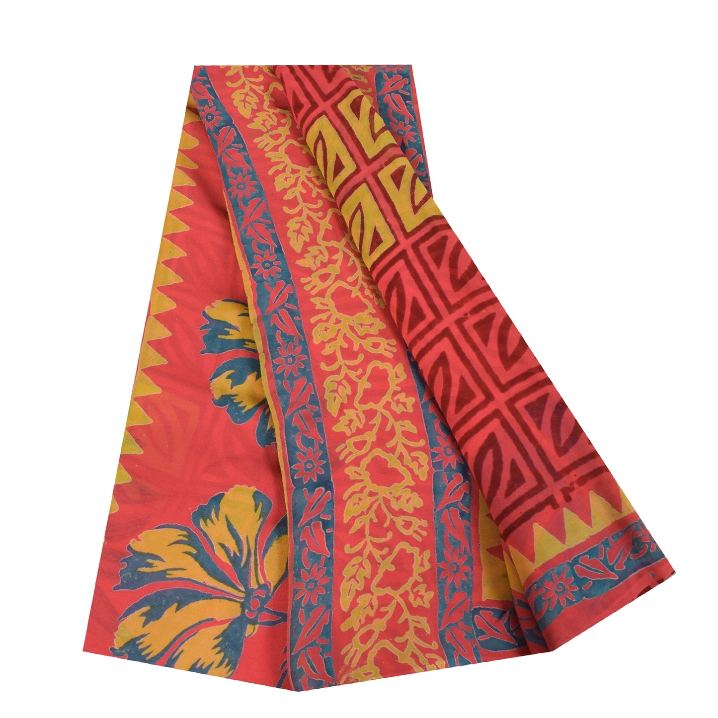 Sanskriti Vintage Pure Georgette Silk Sarees Red Printed Sari 5Yd Craft Fabric
