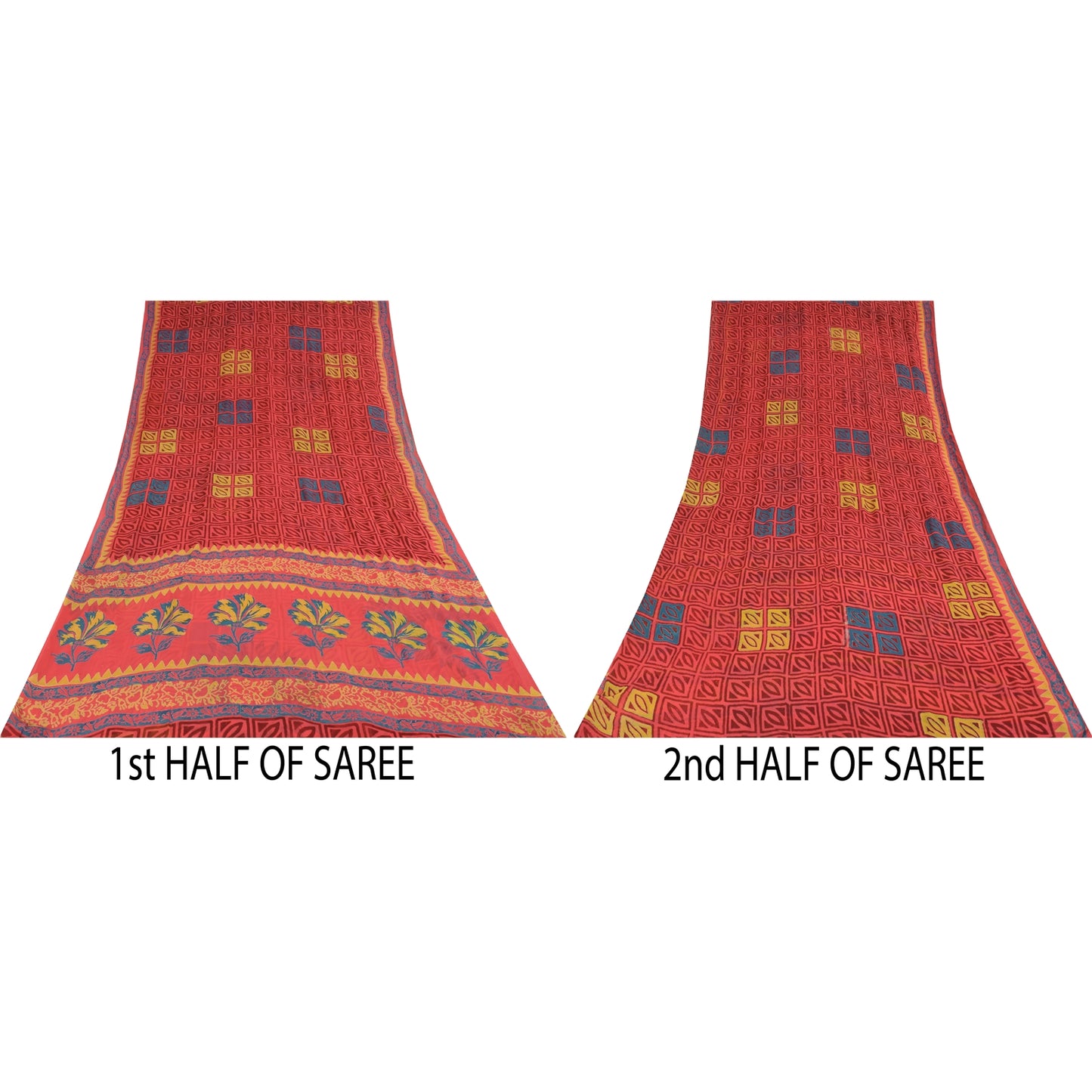 Sanskriti Vintage Pure Georgette Silk Sarees Red Printed Sari 5Yd Craft Fabric