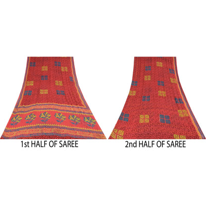 Sanskriti Vintage Pure Georgette Silk Sarees Red Printed Sari 5Yd Craft Fabric
