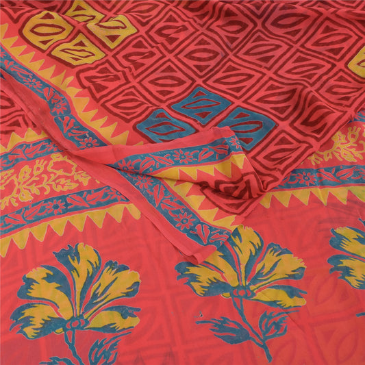 Sanskriti Vintage Pure Georgette Silk Sarees Red Printed Sari 5Yd Craft Fabric