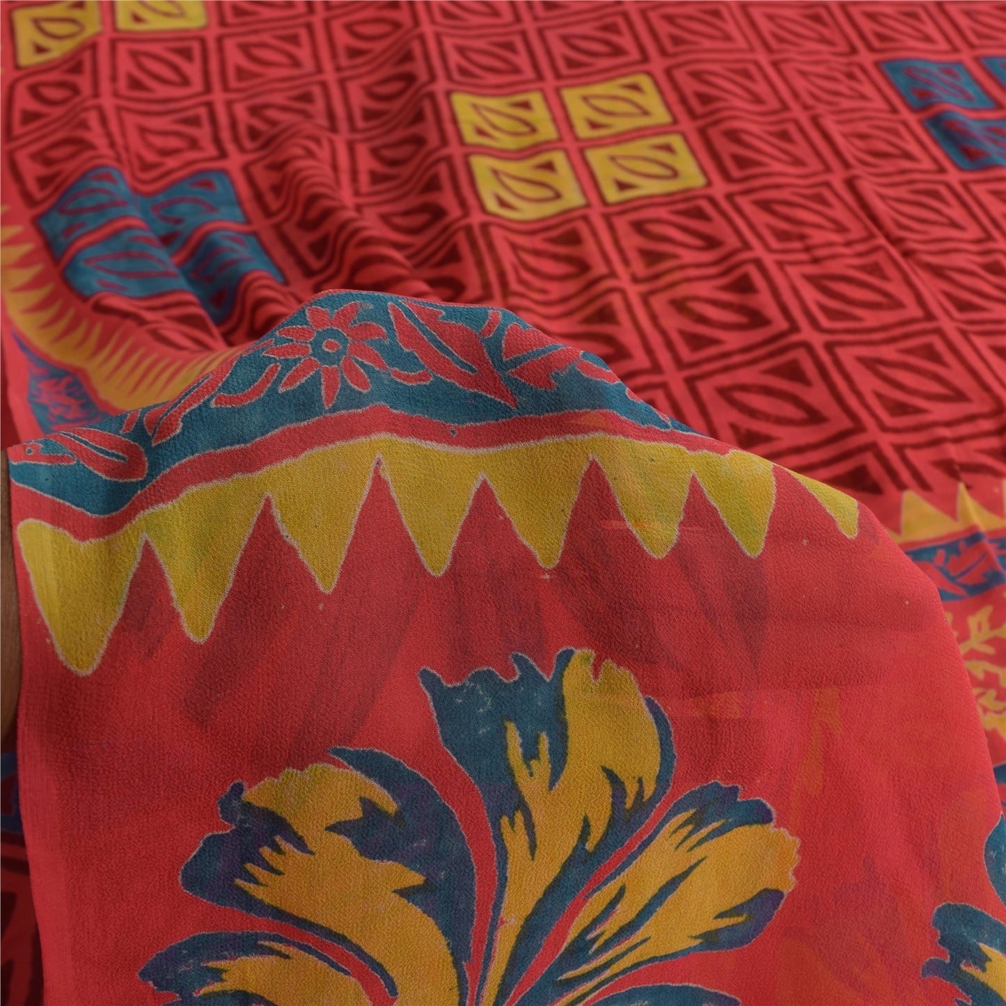 Sanskriti Vintage Pure Georgette Silk Sarees Red Printed Sari 5Yd Craft Fabric