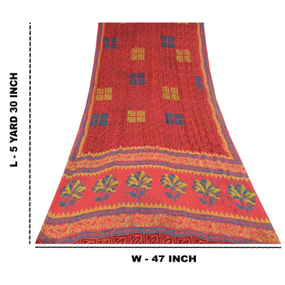 Sanskriti Vintage Pure Georgette Silk Sarees Red Printed Sari 5Yd Craft Fabric