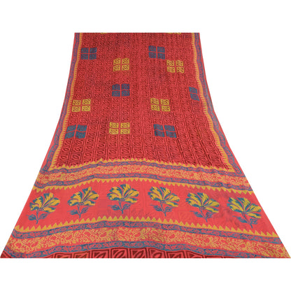 Sanskriti Vintage Pure Georgette Silk Sarees Red Printed Sari 5Yd Craft Fabric