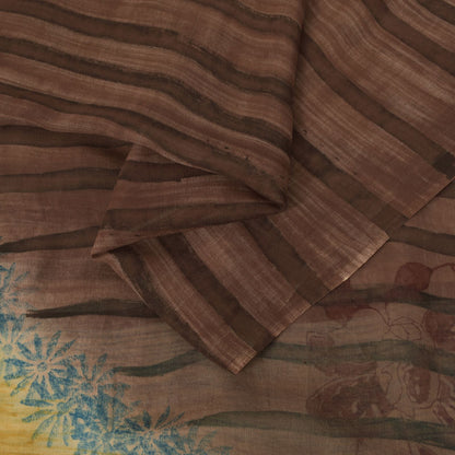 Sanskriti Vintage Brown-Yellow Pure Georgette Saree Floral Block Printed 6+Yd