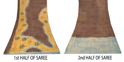 Sanskriti Vintage Brown-Yellow Pure Georgette Saree Floral Block Printed 6+Yd
