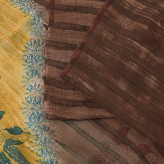 Sanskriti Vintage Brown-Yellow Pure Georgette Saree Floral Block Printed 6+Yd