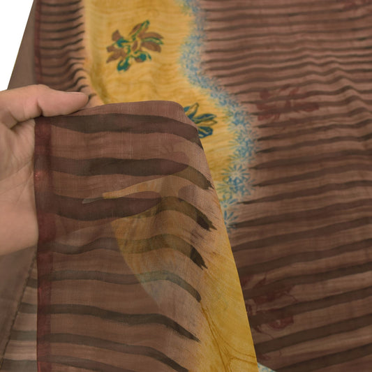 Sanskriti Vintage Brown-Yellow Pure Georgette Saree Floral Block Printed 6+Yd