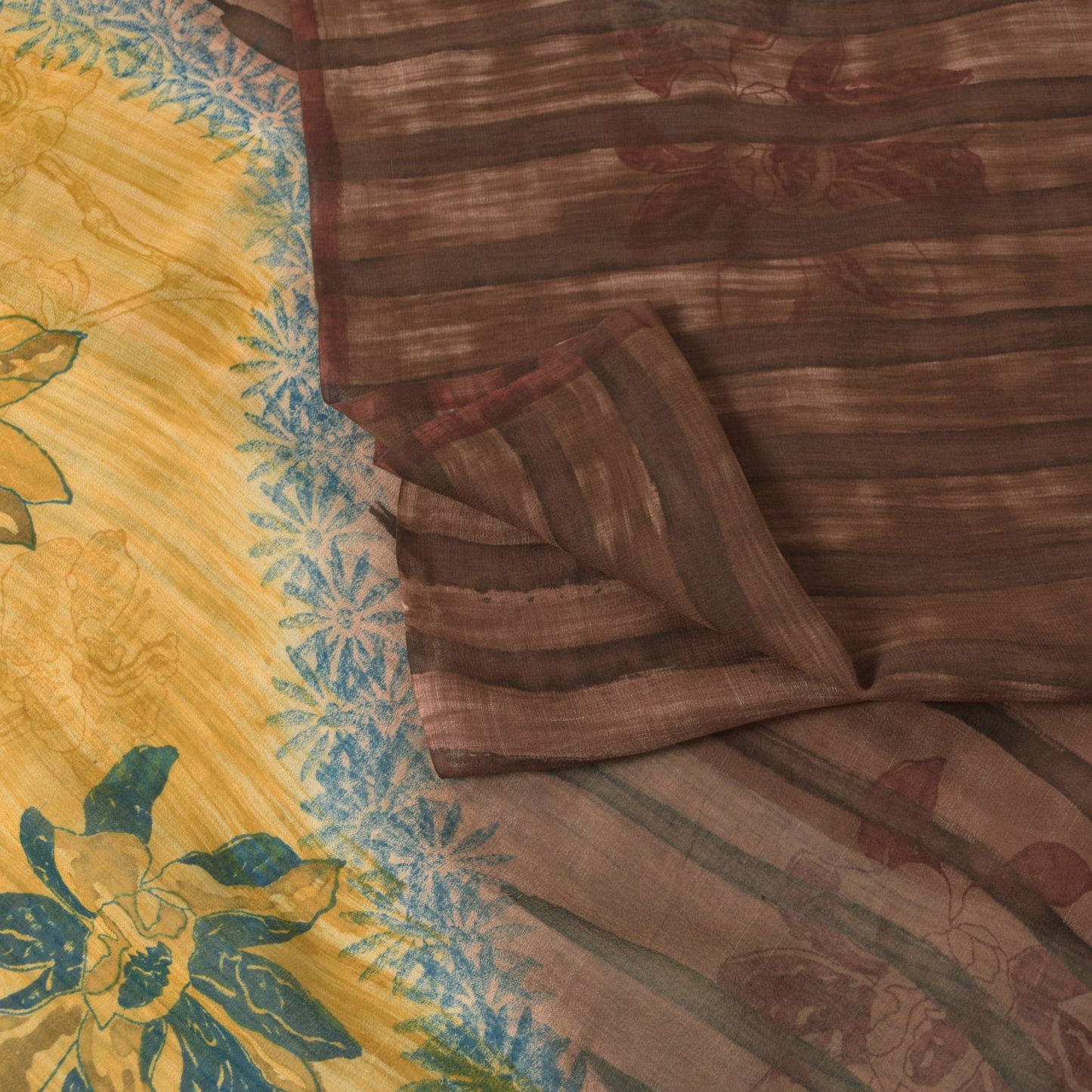 Sanskriti Vintage Brown-Yellow Pure Georgette Saree Floral Block Printed 6+Yd