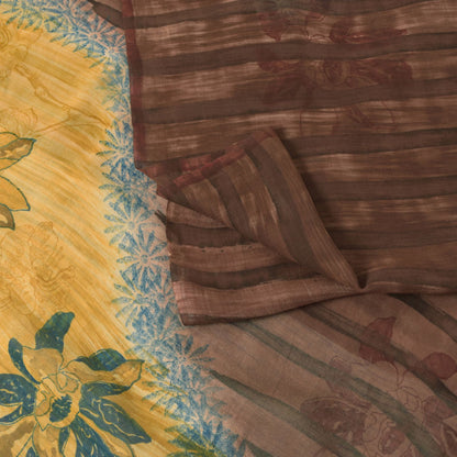 Sanskriti Vintage Brown-Yellow Pure Georgette Saree Floral Block Printed 6+Yd
