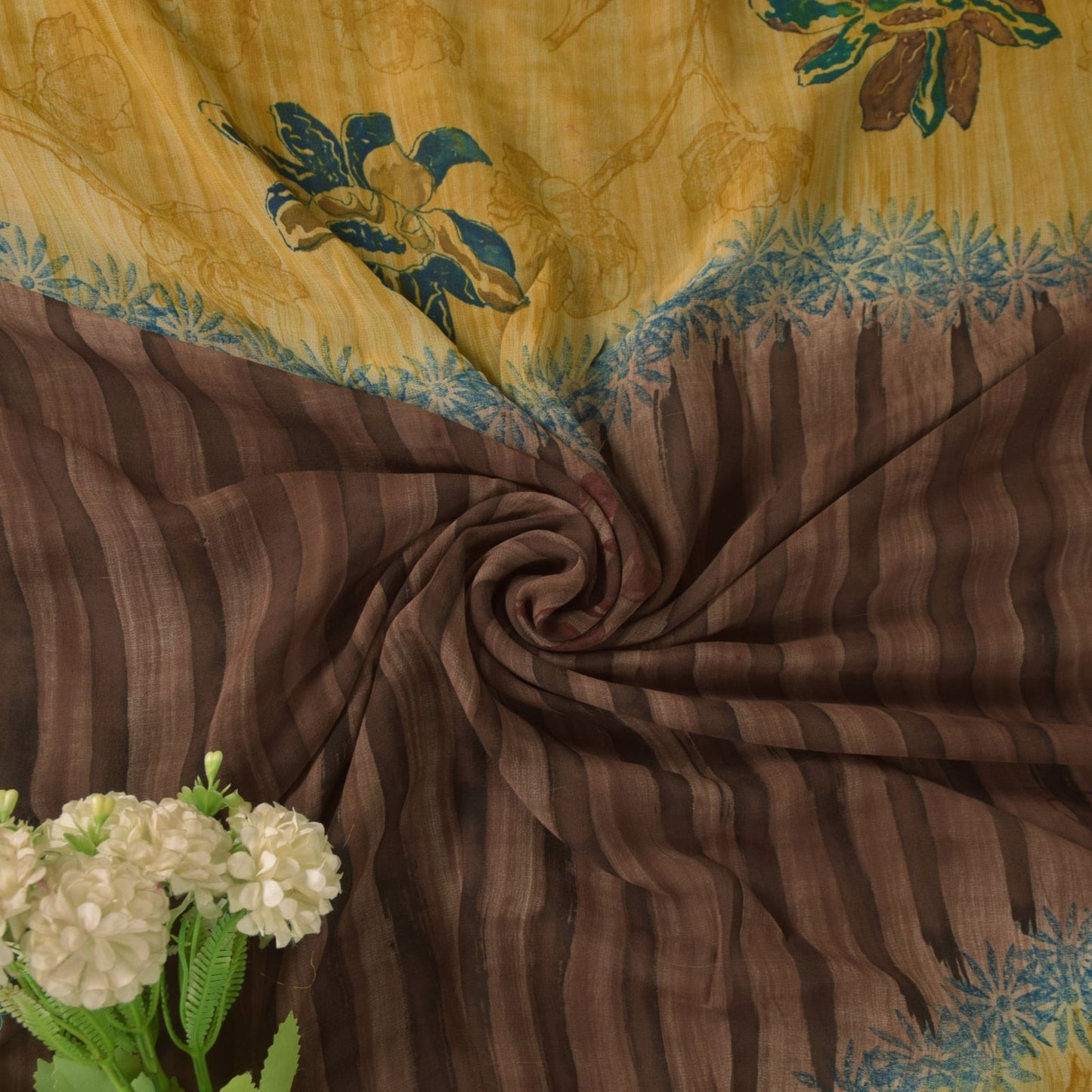 Sanskriti Vintage Brown-Yellow Pure Georgette Saree Floral Block Printed 6+Yd