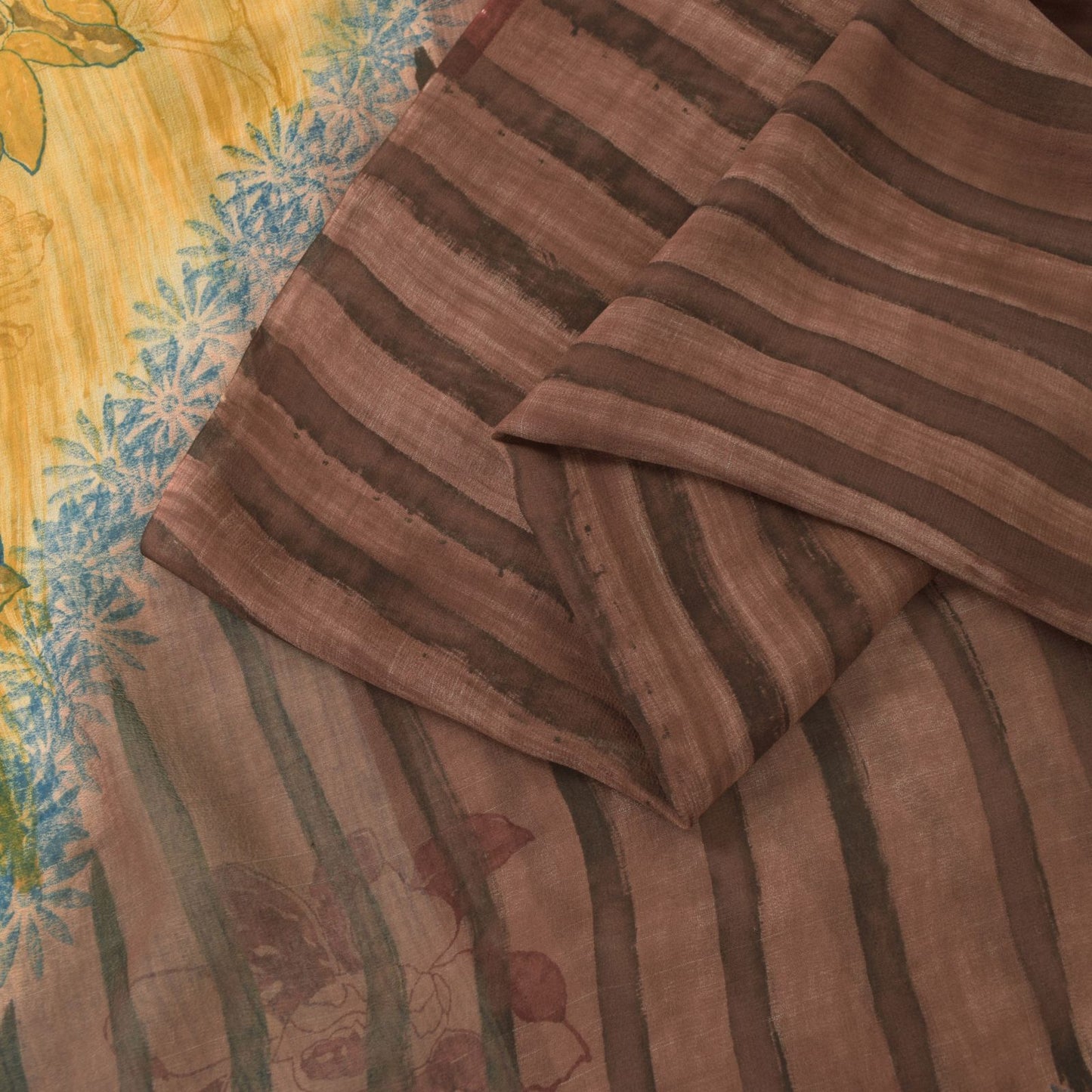 Sanskriti Vintage Brown-Yellow Pure Georgette Saree Floral Block Printed 6+Yd