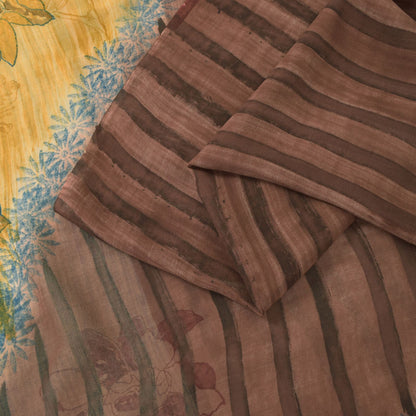 Sanskriti Vintage Brown-Yellow Pure Georgette Saree Floral Block Printed 6+Yd