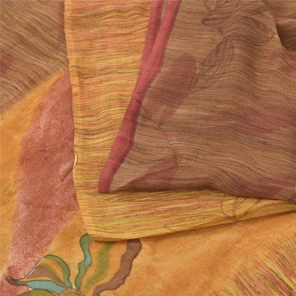Sanskriti Vintage 100% Pure Georgette Silk Saffron & Brown Printed Saree 5 Yd Craft Supplies Fabric Decor, Women Floral Outfit, Scrap