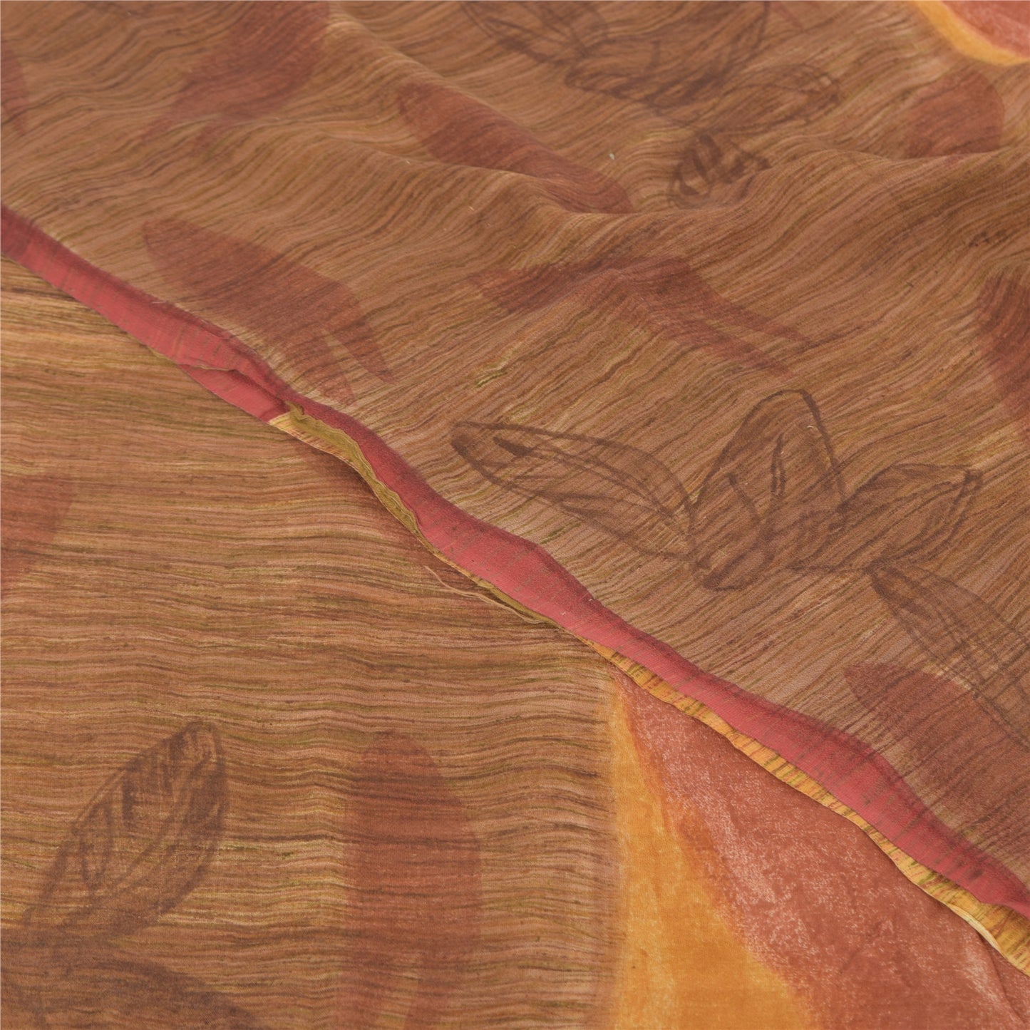 Sanskriti Vintage 100% Pure Georgette Silk Saffron & Brown Printed Saree 5 Yd Craft Supplies Fabric Decor, Women Floral Outfit, Scrap