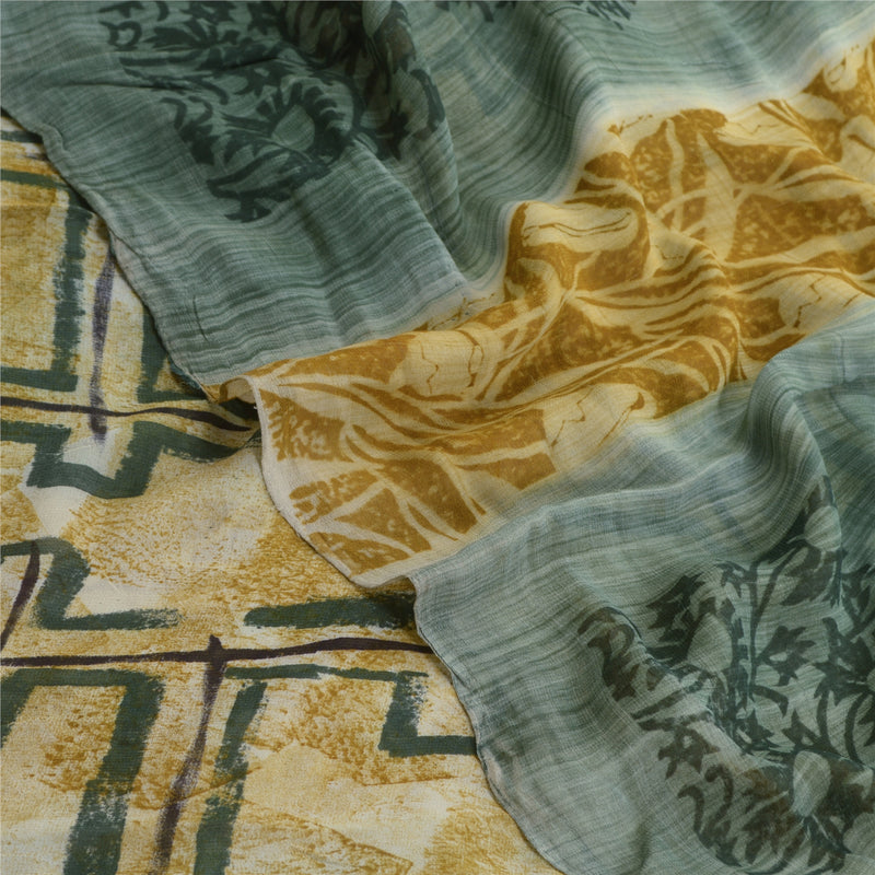 Sanskriti Vintage 100% Pure Georgette Silk Cream & Green Printed Saree 5 Yd Craft Fabric Indian Heritage Textile Craft Supplies Material