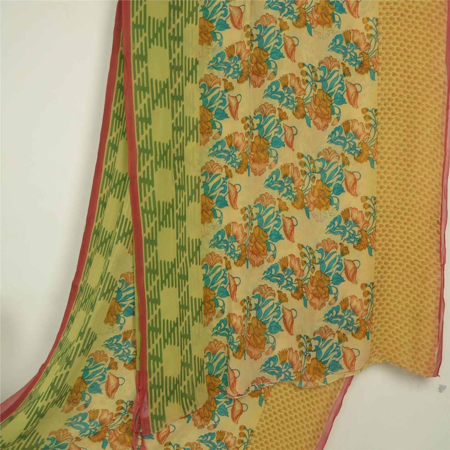 Sanskriti Vintage Sari Blend Georgette Cream Printed Sarees 5 Yard Craft Fabric upholstery fabric