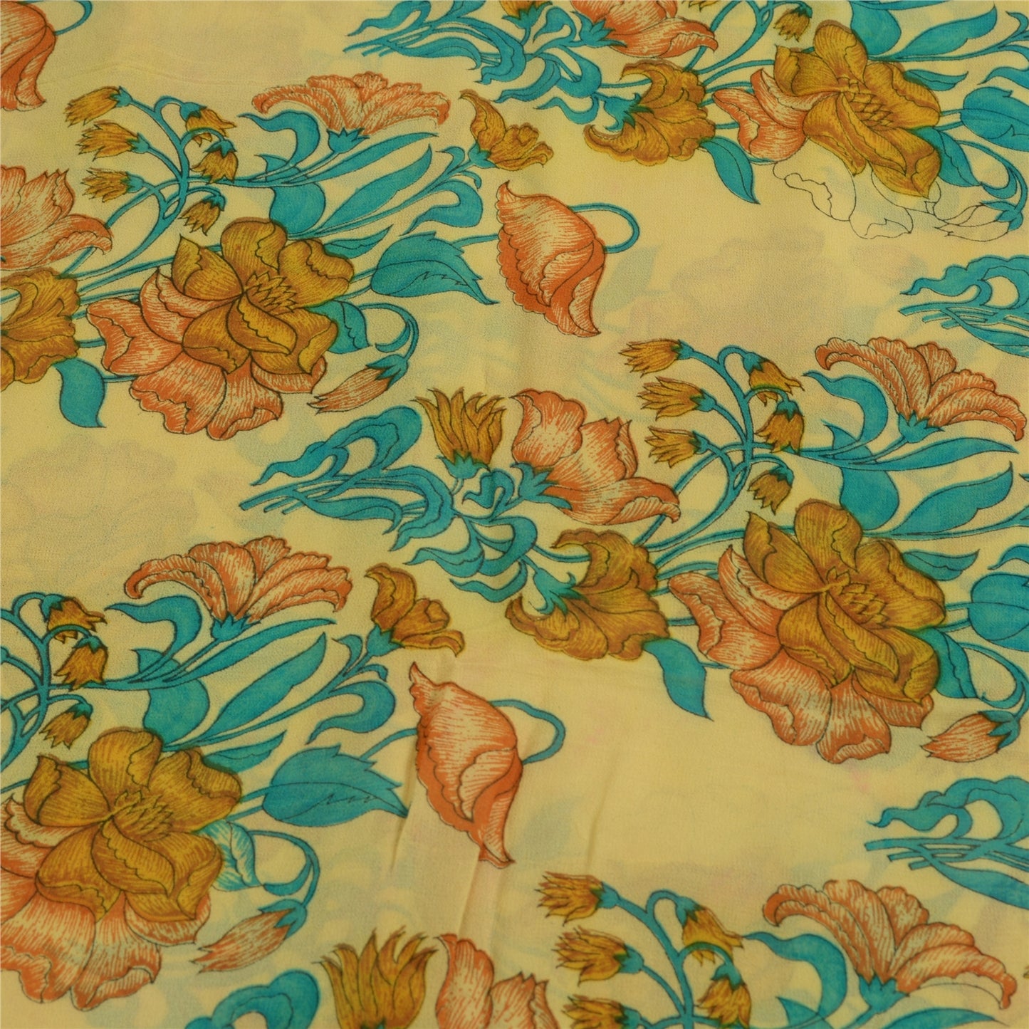 Sanskriti Vintage Sari Blend Georgette Cream Printed Sarees 5 Yard Craft Fabric upholstery fabric