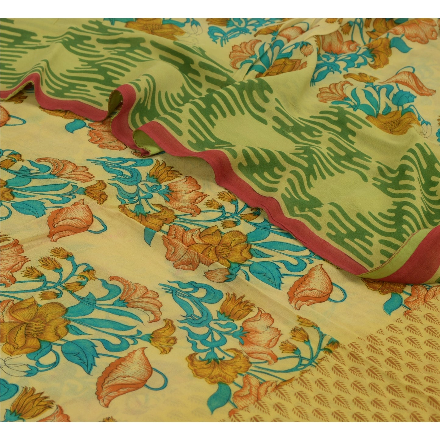 Sanskriti Vintage Sari Blend Georgette Cream Printed Sarees 5 Yard Craft Fabric upholstery fabric