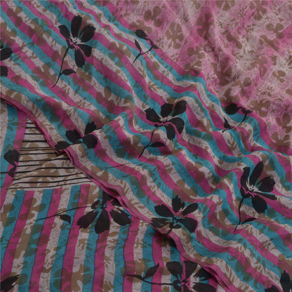 Sanskriti Vintage Saree Pink & Cream Pure Georgette Silk 5.5+Yard Sarees Floral Printed Sari Craft Fabric Create Dresses, Kaftan, Skirt,