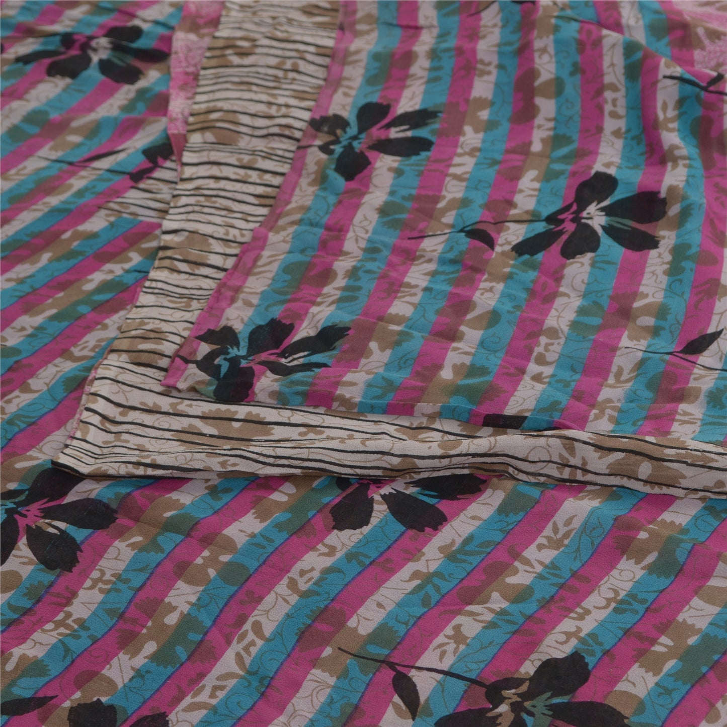 Sanskriti Vintage Saree Pink & Cream Pure Georgette Silk 5.5+Yard Sarees Floral Printed Sari Craft Fabric Create Dresses, Kaftan, Skirt,