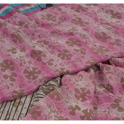 Sanskriti Vintage Saree Pink & Cream Pure Georgette Silk 5.5+Yard Sarees Floral Printed Sari Craft Fabric Create Dresses, Kaftan, Skirt,