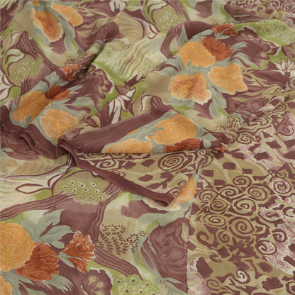 Sanskriti Vintage Sari 100% Pure Georgette Silk Brown Floral Printed Saree 5Yd Craft Fabric Boho Quilting Material For DIY Projects