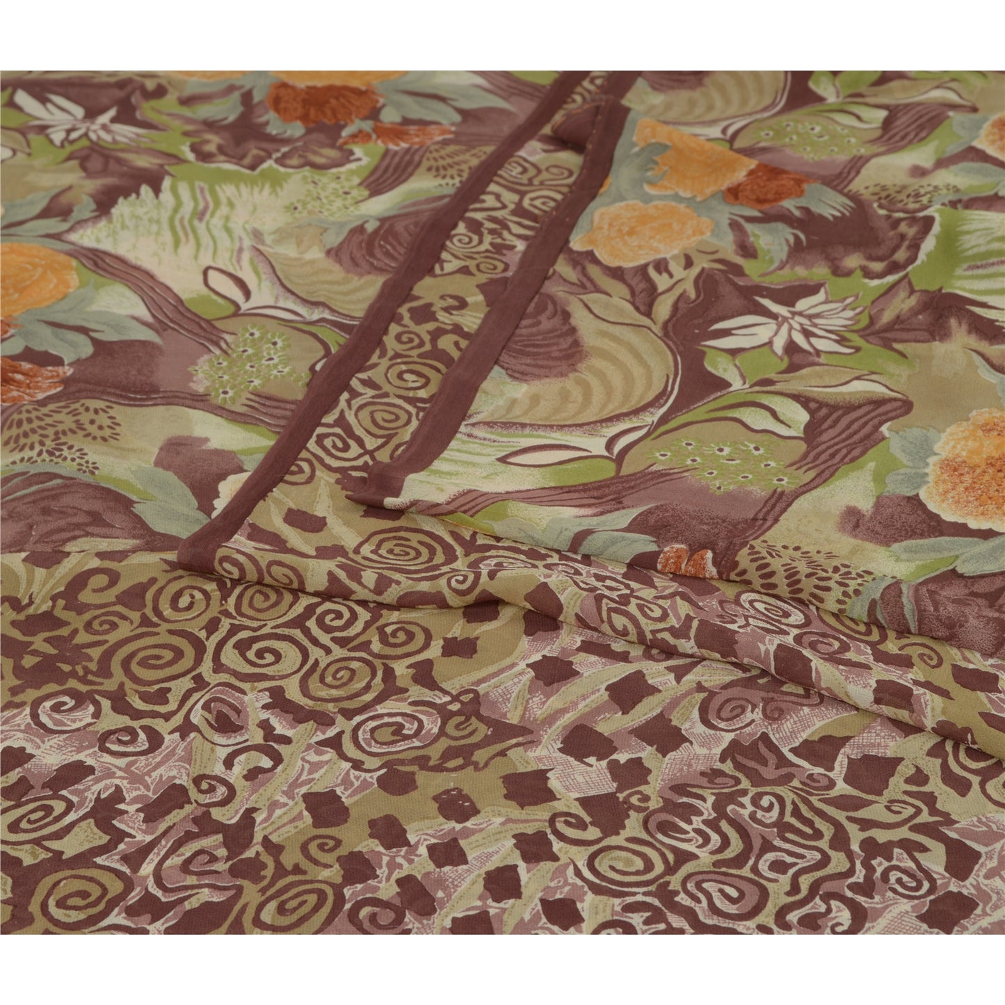 Sanskriti Vintage Sari 100% Pure Georgette Silk Brown Floral Printed Saree 5Yd Craft Fabric Boho Quilting Material For DIY Projects