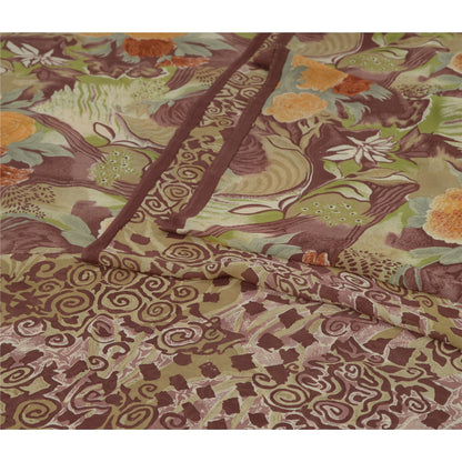 Sanskriti Vintage Sari 100% Pure Georgette Silk Brown Floral Printed Saree 5Yd Craft Fabric Boho Quilting Material For DIY Projects