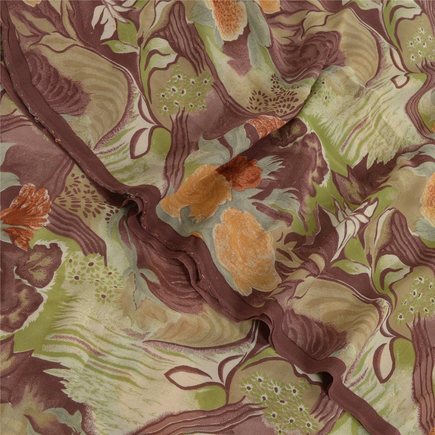 Sanskriti Vintage Sari 100% Pure Georgette Silk Brown Floral Printed Saree 5Yd Craft Fabric Boho Quilting Material For DIY Projects