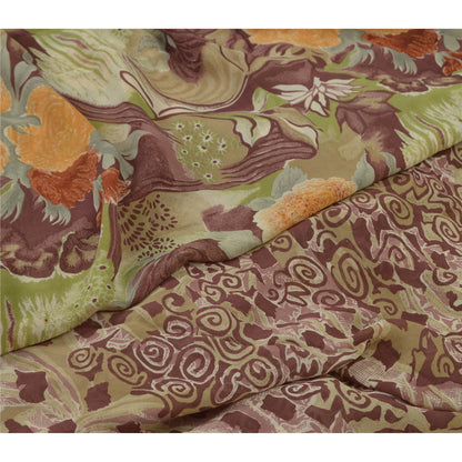 Sanskriti Vintage Sari 100% Pure Georgette Silk Brown Floral Printed Saree 5Yd Craft Fabric Boho Quilting Material For DIY Projects
