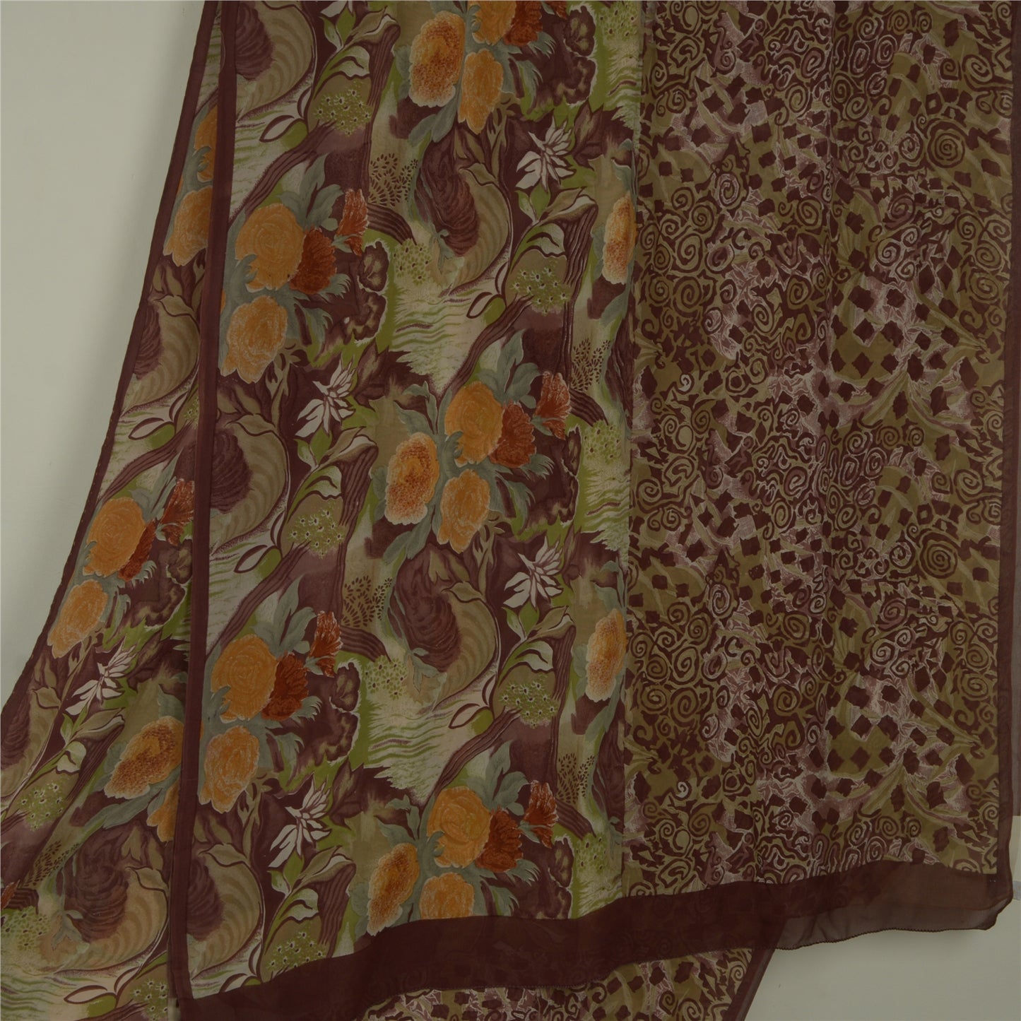 Sanskriti Vintage Sari 100% Pure Georgette Silk Brown Floral Printed Saree 5Yd Craft Fabric Boho Quilting Material For DIY Projects