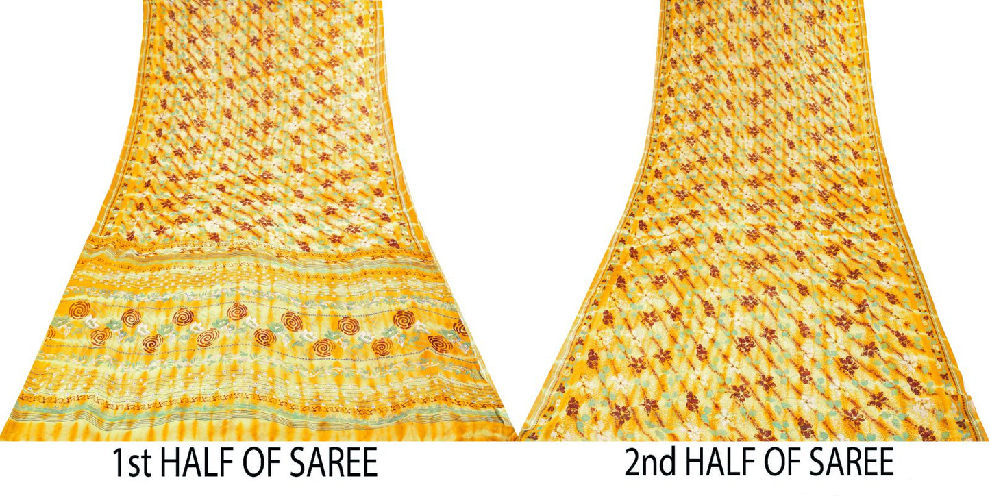 Sanskriti Vintage Saree Yellow Pure Georgette Floral Print Sari 5.5+Yard Fabric