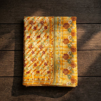 Sanskriti Vintage Saree Yellow Pure Georgette Floral Print Sari 5.5+Yard Fabric
