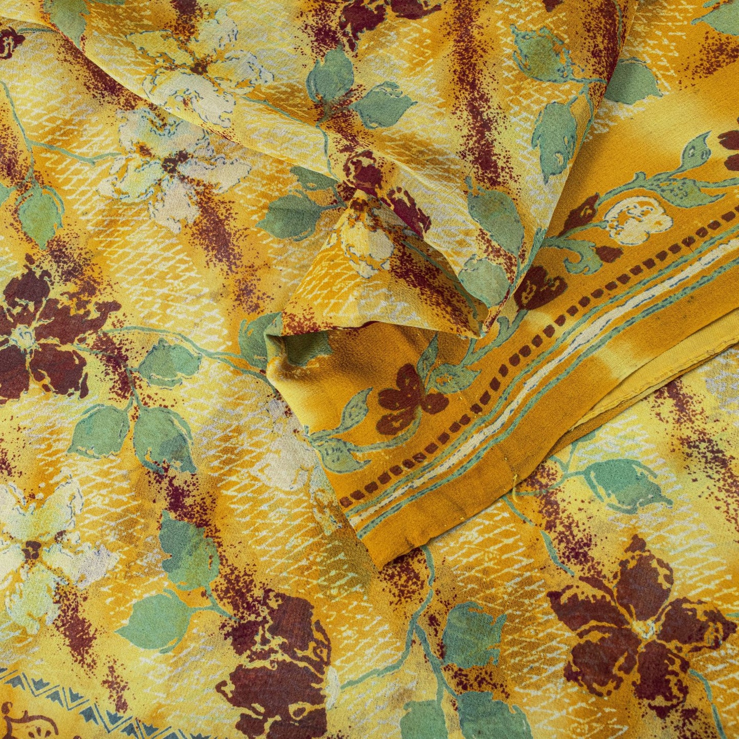 Sanskriti Vintage Saree Yellow Pure Georgette Floral Print Sari 5.5+Yard Fabric