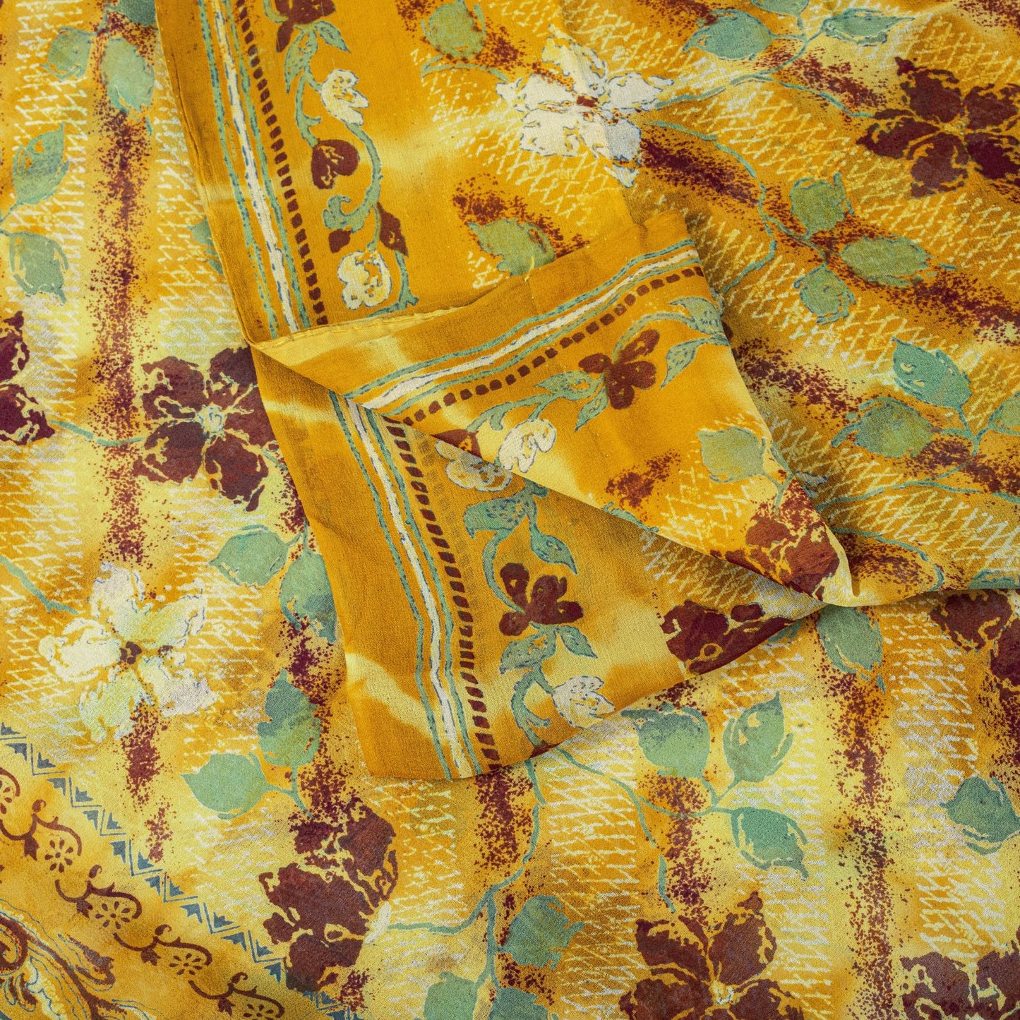 Sanskriti Vintage Saree Yellow Pure Georgette Floral Print Sari 5.5+Yard Fabric