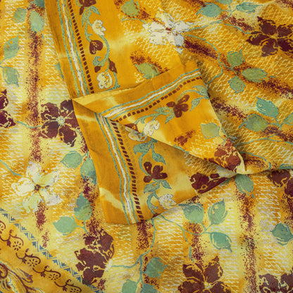 Sanskriti Vintage Saree Yellow Pure Georgette Floral Print Sari 5.5+Yard Fabric