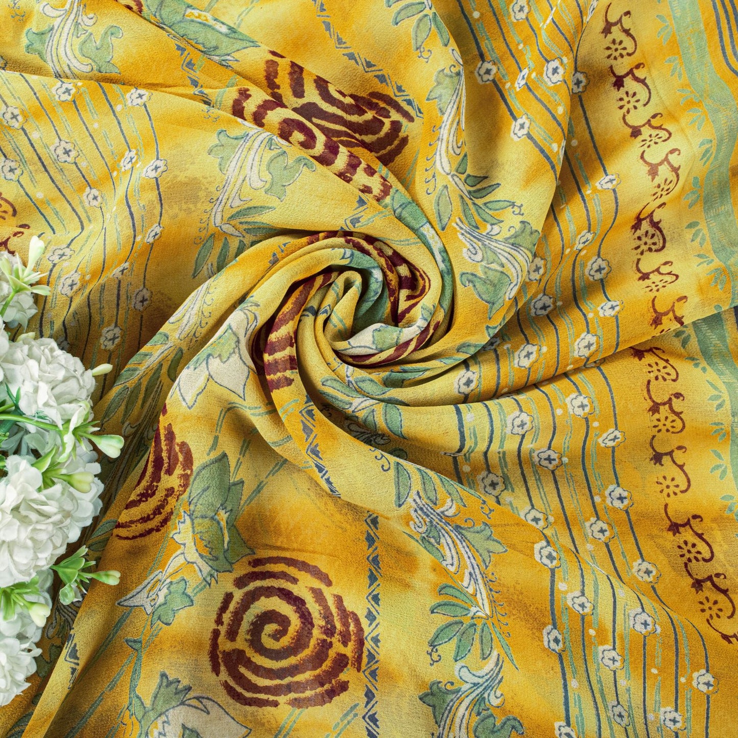 Sanskriti Vintage Saree Yellow Pure Georgette Floral Print Sari 5.5+Yard Fabric